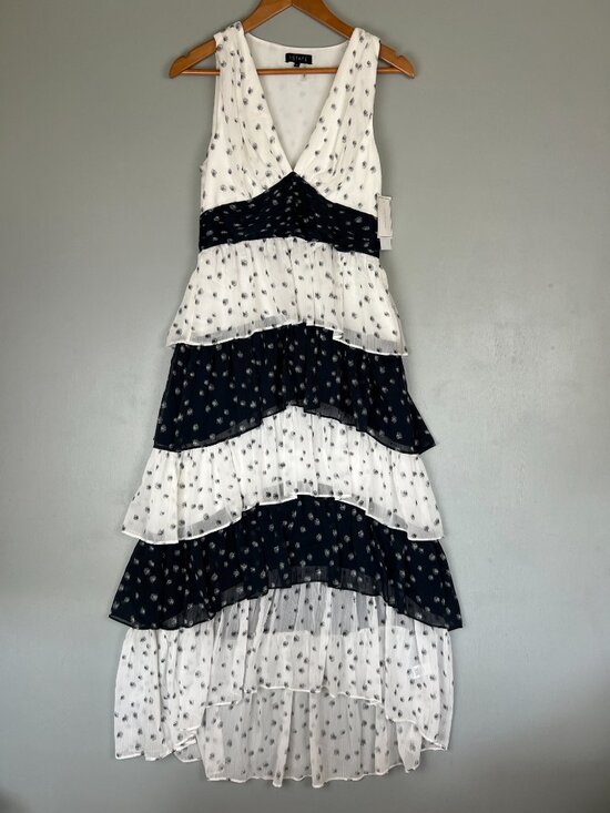 1. State Dresses & Skirts - 1.State Tiered Midi Dress Ivory Dark Indigo Size 6 NWT Orig $129 Nordstrom